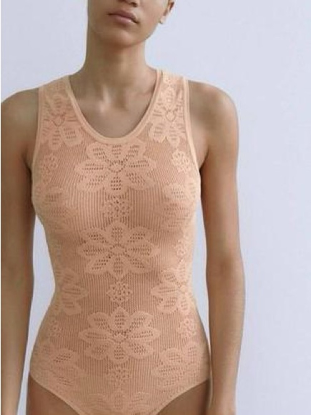 Zara Retro Blush Peach Floral Knit Sleeveless Bodysuit / Size M